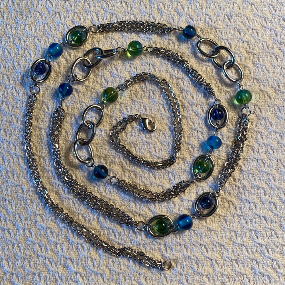 Long Silver Tone Beaded Chain Necklace